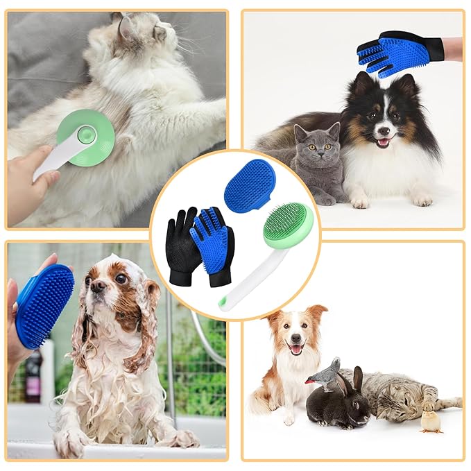 GJEASE Cat Grooming Glove Brush,Self-Cleaning Slicker Pet Brush for Short and Long Haired Pets,Dog Bath Brush for Shedding and Grooming,Removes Loose Hair and Tangles,Promote Circulation