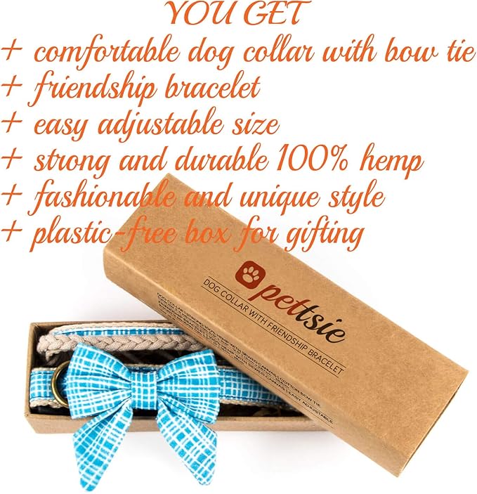 Pettsie Dog Bow Tie Collar with Matching Friendship Bracelet – Adjustable, Durable Hemp & Soft Cotton, Stylish & Comfortable for Sensitive Skin, Elegant Gift Box, Medium, Blue