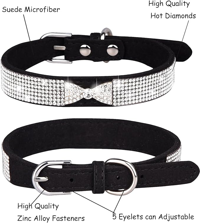 Bling Dog Collar for Small Medium Large Dogs, Crown Rhinestone Dog Collars for Girl and boy Dog, Diamond Puppy Collars, Adjustable Leather Suede SOFE Cat Collar (XS(8.2"-10.6"/21CM-27CM), Black2)