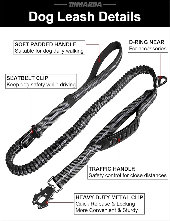 Heavy Duty Dog Leash, 4-6FT Shock Absorbing Dog Leashes with Traffic Handle and Comfortable Padded Handles, Advanced Easy Metal Clip, No Pull Reflective Leash for Medium Large Dogs That Pull (Black)