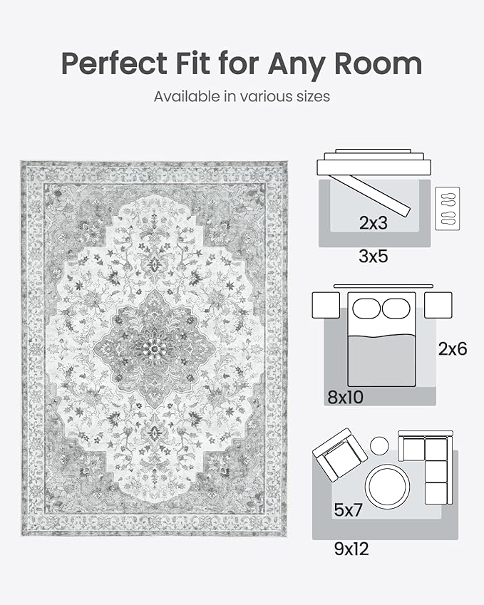 Amada 8x10 Area Rugs, Non-Slip Washable Rug with Low Profile, Durable Bound Edge, Soft Large Vintage Rug for Living Room, Bedroom, Dinning Room, Home Office,Silver Gray