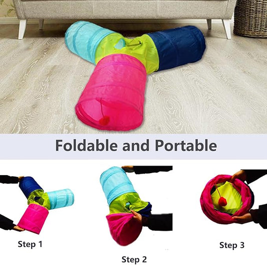 Cat Tunnel Tube Toys,Tunnels for Indoor Cats, 3 Way Colorful Collapsible Interactive Toy with Balls for Rabbits, Kittens, Ferrets, Puppy