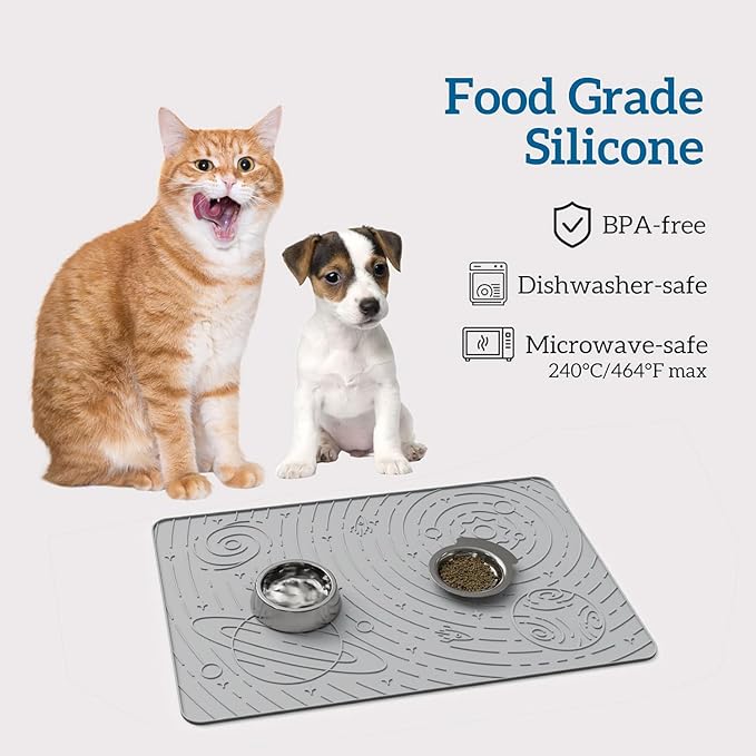 OHMO Dog Food Mat, Silicone Waterproof Cat Food Mat, Non-Skid Spill Proof Pet Feeding Mat for Food and Water, Easy to Clean Dog Placemat(Ash Light Grey, 23.6" x 15.8")