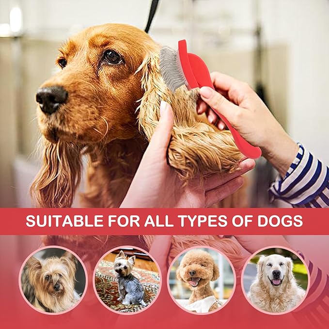 Slicker Brush - Grooming Kit for Goldendoodles, Labradoodles, Poodles & Medium to Long-Haired Dogs (Red)