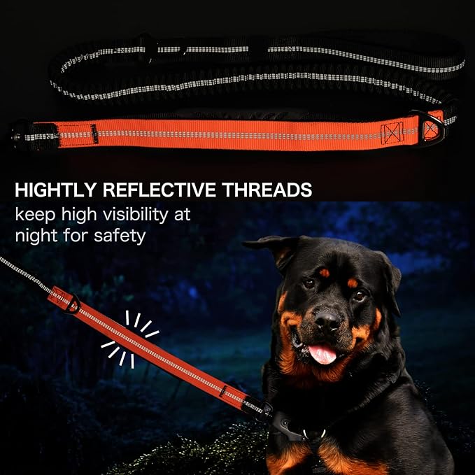 Heavy Duty Tactical Dog Leash with Quick Release Carabiner and Highly Reflective Threads,4-6FT Power Stretch Dog Leash for Medium Large Dogs (Black & Orange)