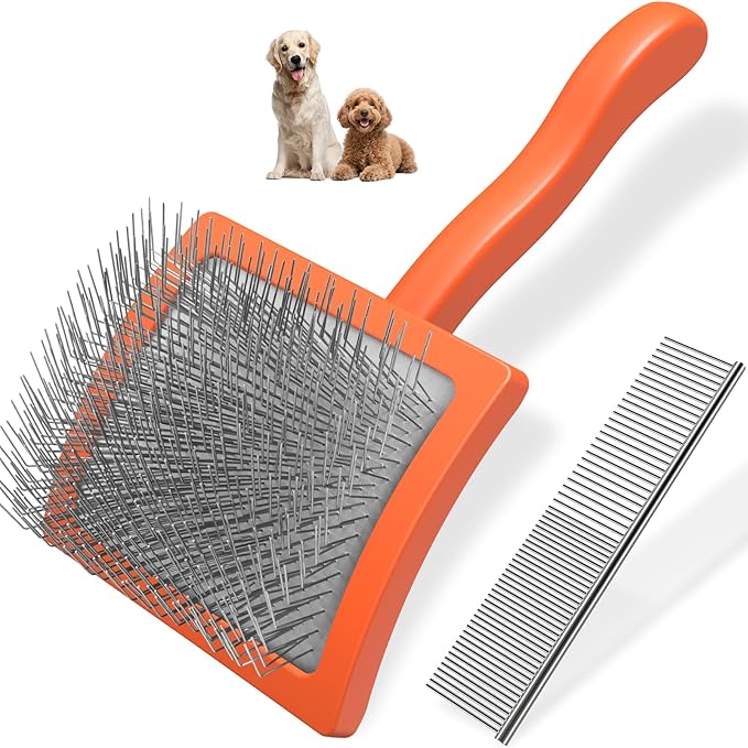 2PCS Slicker Brush for Dogs & Pet Comb,Professional Dog Grooming Brush (Goldendoodles,Poodles,Labradoodles) with Extra Long Pins to Effectively Remove Tangles, Knots and Mats (Orange, Large)