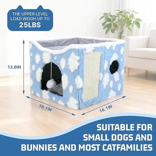 Indoor Cat Beds Large Cat Cave Pet Cube Cat House with Fluffy Ball Hanging and Scratch Pad Foldable Cat Hideaway with 2-in-1 Reversible Cushion for Small Animals Cozy Clouds Blue