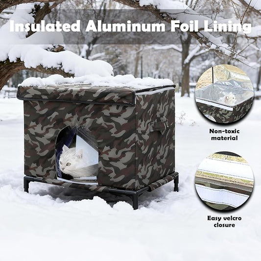 Elevated Cat House for Outdoor Cats,Outside Cat House Weatherproof Outdoor Cat Feeding Satation for Winter,Insulated Pet Shelter for Feral & Stray Cats,Waterproof & Scratch-Resistant (Khaki Green)