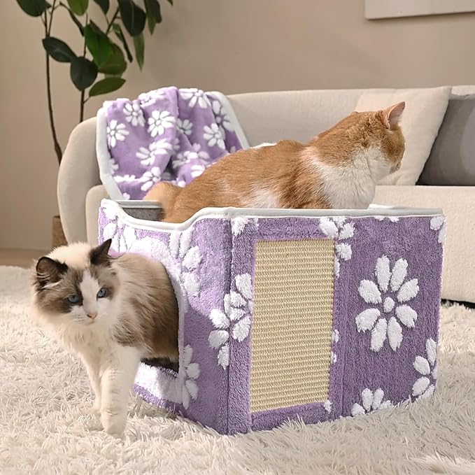 Cat Houses for Indoor Cats, Cute Cat Cave with Fluffy Ball Hanging and Scratch Pad, Foldable Kitten Condo Hideaway, 17x17x13 inches, Purple Flower