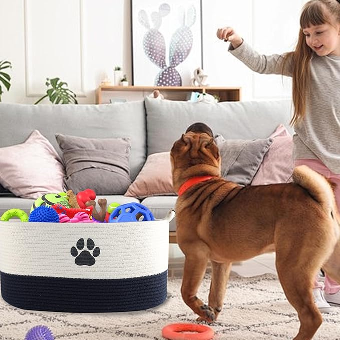 Geyecete Dog toy basket dog toy bin Woven Storage Baskets for Dog Cat Dog Toy Box Sturdy Reinforced Handles with Paw Print basket-Beige/Dark Blue
