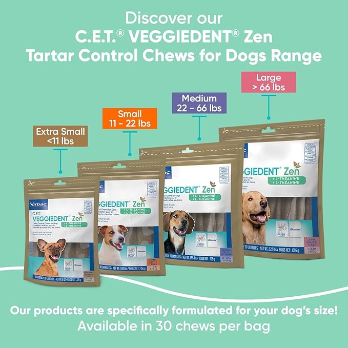 Virbac C.E.T. VEGGIEDENT Zen Tartar Control Chews for Dogs - Multifunctional to Support Mental Well-Being, VOHC Approved - Small 11-22lbs