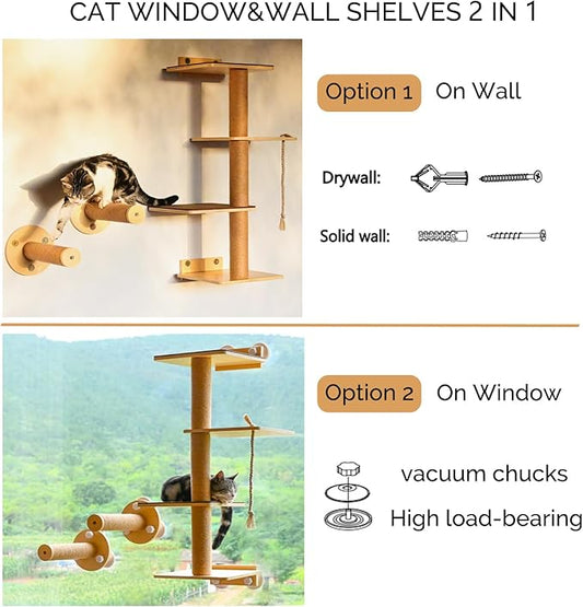 Cat Window Perch and Cat Wall Shelves 2 in 1 Cat Scratching Activity Tree Wall Mounted, Cat Scratch Post for Cats, Kittens with Cat Bed