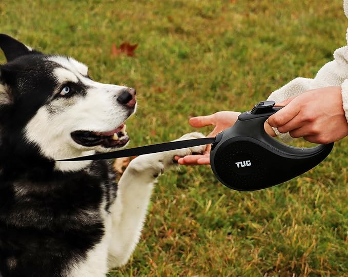 TUG 360° Tangle-Free Retractable Dog Leash with Anti-Slip Handle | 16 ft Strong Nylon Tape | One-Handed Brake, Pause, Lock (Medium, Black/Grey)
