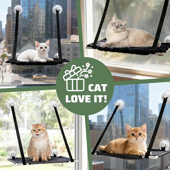 Cat Window Perch Indoor Easy to Assemble Hammock Bed Two Replaceable Cat Pads Flannel Pad for Winter and Mesh Pad for Summer 4 Strong Suction Cup with Flannel Cover Load Weight Up to 40lbs