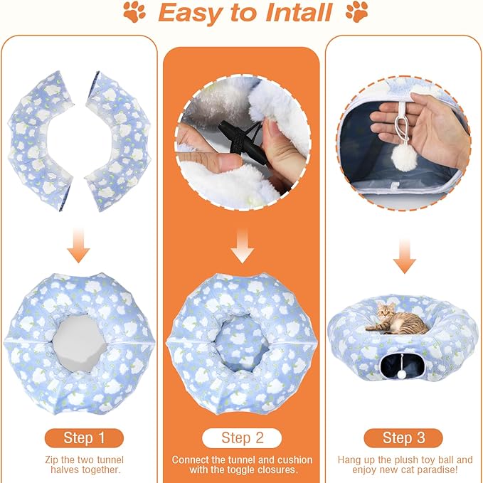 Cat Tunnels for Indoor Cats, 35'' Plush Cat Tunnel Bed with Playful Ball and Circle Cushion, Multifunctional Peekaboo Cat Cave, Interactive Toy Gift for Cats, Kittens, Rabbits, Blue&Cloud