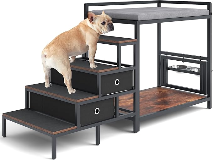 Pet Window Perch with 360° & Adjustable Raised Feeder, Pet Bunk Bed with Stairs and Storage, Dog Beds Attachment to Human Bed, Bedside Dogs Cot for Small, Medium Cats & Dogs