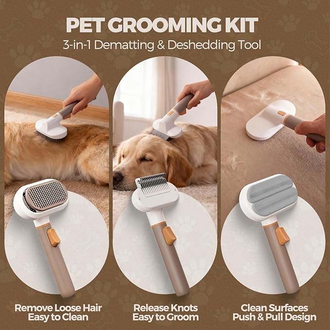 3 in 1 Pet Brush Set for Cats & Dogs - Self Cleaning Deshedding Brush & Slicker,Hair Remover Tool for Indoor Cats Long/Short Hair Pets