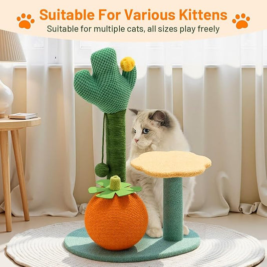 Sisal Scratching Post for Cat Kitten Small Cat Scratcher with Sugar Ball,Interactive Toy,Hanging Ball,Wooden 2 Level Track