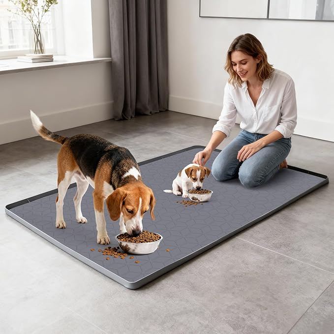 Lanstics Dog Food Mat, 34" x 22" Large Silicone Mat Dog Feeding Mat with Raised Edge Non-Slip Pet Feeding Mat for Food and Water Bowl, Easy to Clean, Floor Protection (Gray)
