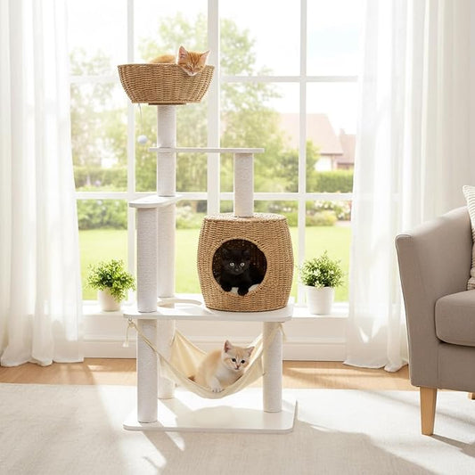 40-Inch Cat Tree with Condo & Hammock, Multi-Level Cat Tower for Indoor Cats with Sisal Scratching Posts, Dangling Ball, Plush Perch, and Removable Cushion, White