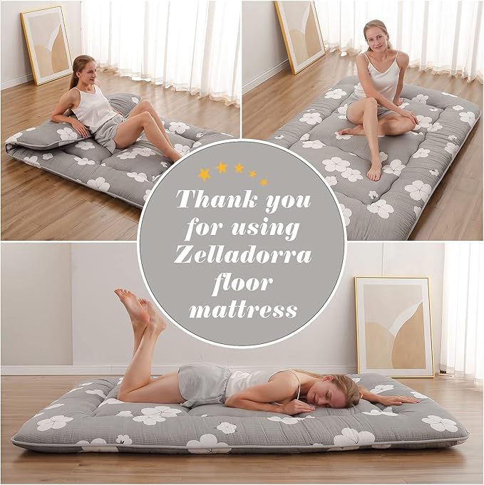 Japanese Floor Mattress Full, Futon Mattress with Storage Bag and Washable Cover, Roll Up Tatami Mat Suitable for Guest Room, Grey Cotton