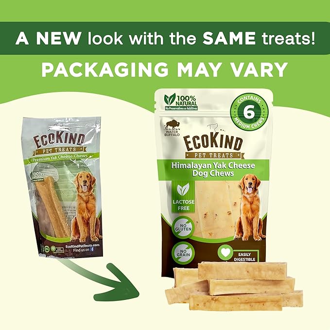 EcoKind Premium Gold Yak Cheese Himalayan Dog Chews, Healthy Dog Treats for Medium Dogs, All Natural, High Protein Dog Chew, Water Buffalo, Medium - 6 Chews