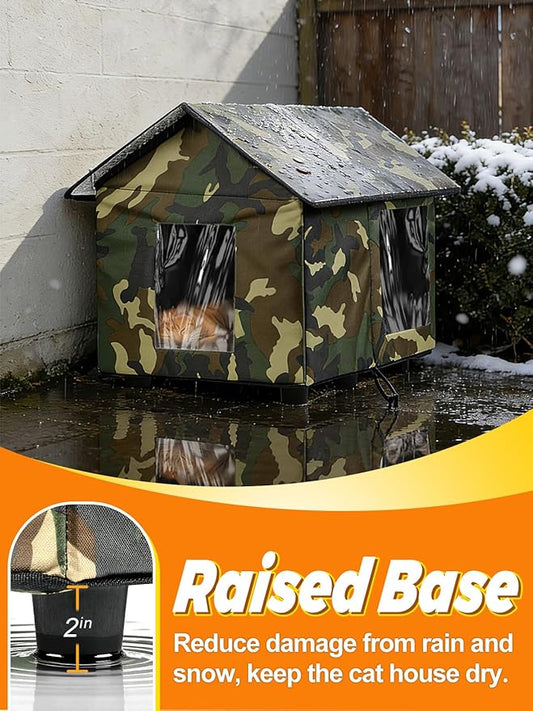 Elevated Insulated Outdoor Cat House Weatherproof - 20"x19"x17" Waterproof PVC Top & Aluminum Film Liner Camouflage Feral Cat Shelters for Keeping Cats Winter Warm, Green
