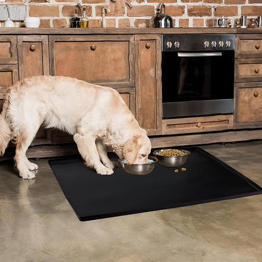 Finorder 34"x 21" 100% Silicone Pet Feeding Mat, Higher Raised Edges and Slip Resistant Pet Food and Water Bowl Mat, Waterproof Pet Food Placemat Silicone Tray, Dishwasher Safe (Black)
