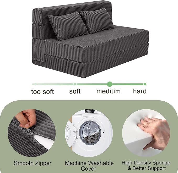 MeMoreCool Boneless Folding Sofa Bed Full Size – Corduroy Convertible Futon Couch with Foam Core & Pillow, 1500 lb Capacity Floor Sleeper, Washable Cover for Living Room, Bedroom, Guest Space