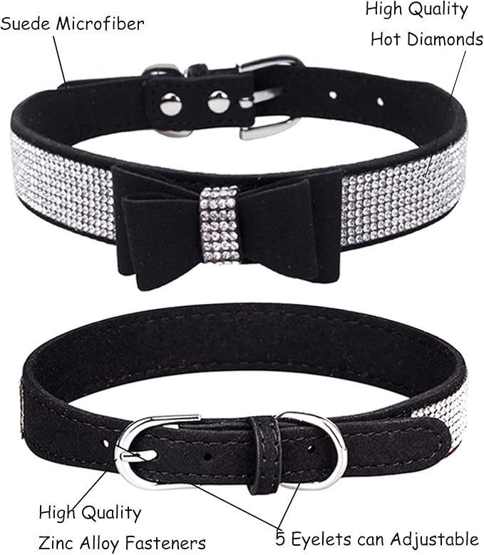 Bling Dog Collar for Small Medium Large Dogs, Crown Rhinestone Dog Collars for Girl and boy Dog, Diamond Puppy Collars, Adjustable Leather Suede SOFE Cat Collar (L(15"-18.1"/38CM-46CM), Black3)