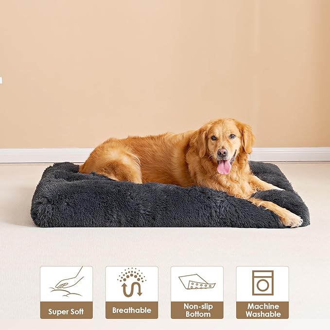 EHEYCIGA Fluffy XXL Dog Crate Pad, Plush Faux Fur Bed for Extra Large Dogs, Calming Anti Anxiety XXL Dog Bed, Washable Soft Warm Mat with Non-Slip Bottom, Dark Grey