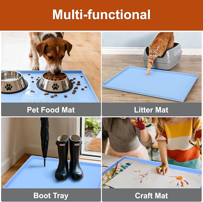 34" x 22" Extra Thick Waterproof Silicone Mat with Raised Edge, Under Sink Mat for Kitchen & Bathroom, Kitchen Cabinet Liner, Multi-Purpose for Storage & Protection, Blue