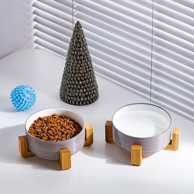 Petygooing Ceramic Cat Dog Bowl Set with Stand,Small Dog Bowls,Pet Food and Water Dish, Anti Slip Set of 2 Cat Bowls-Cute Modern Pet Food Dish Small Size (13.5OZ/5.1 in) Grey White