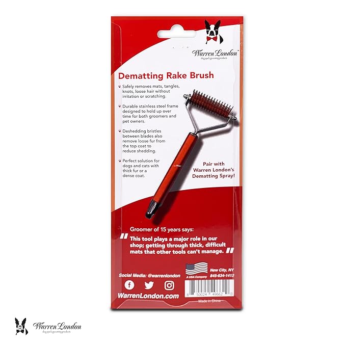 Warren London Undercoat Rake Brush for Dogs and Cats - Premium Deshedding Tool for Long Haired Pets - Skin Friendly Dematting Comb for Professional Grooming Results at Home