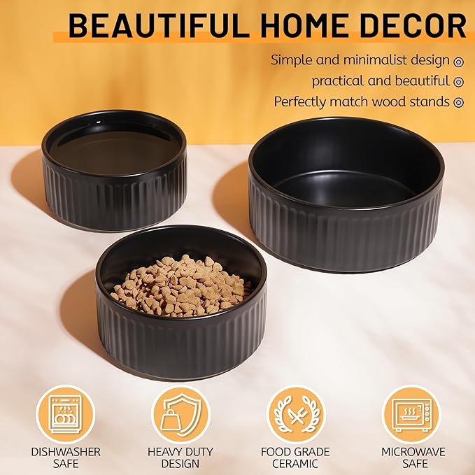 Non-Slip Ceramic Dog Bowls,8" Dog Food and Water Bowl Set with Silicone Base, 64oz/8cups Weighted Flip-Proof Pet Feeding Bowl for Medium and Large Dogs (2Pack,Black)