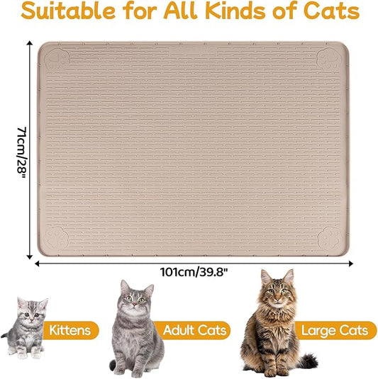Lanstics Cat Food Mat, 40" x 28" Large Silicone Mat Cat Feeding Mat with Raised Edge Non-Slip Pet Feeding Mat for Food and Water Bowl, Easy to Clean, Floor Protection (Khaki)