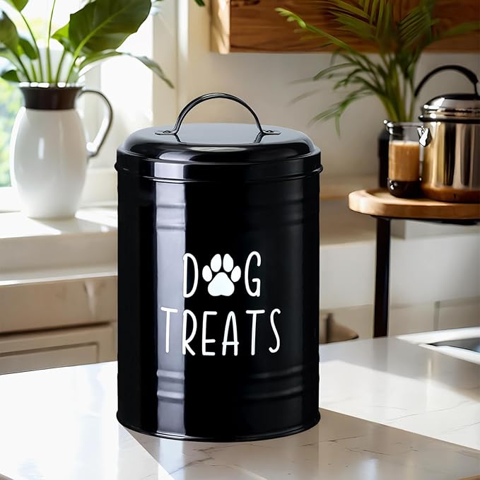 Dog Treat Container Airtight, Dog Treat Jar Set of 2 with Lid - 9x5.5''&7x4'' Metal Dog Cookie Jar for Farmhouse Kitchen Counter, Black Treat Jars for Pets, Treat Storage Container for Dogs, Cats