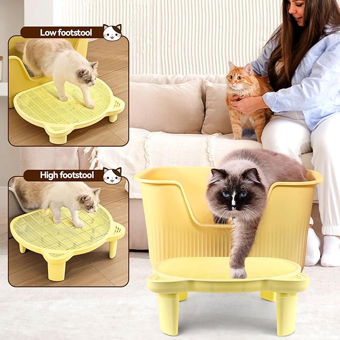 Adjustable Cat Ramp Litter Box Step Double Layer with Filter Function, Elevated Litter Box Ramp for Senior Cats Easy Cleaning Cat Litter Tray for Floor Indoor (Yellow)