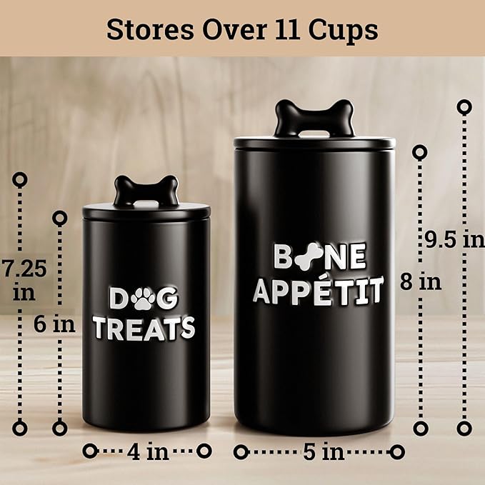 Dog Treat Container Airtight Set of 2 - 10x5 in & 7x4 in Ceramic Dog Treat Jars for Kitchen Counter with Airtight Lids - 11 Cup Capacity Pet Treat Container Set - Doggie Cookie Jar - Treats Canister