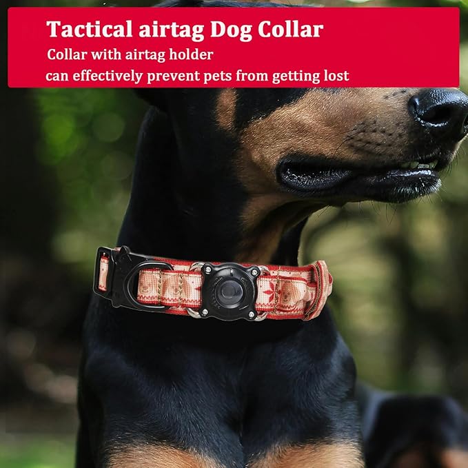 Christmas Tactical Dog Collar with Airtag Holder Waterproof Dog Airtag Collar with Control Handle Adjustable Heavy Duty Dog Collars(Christmas Red,XL