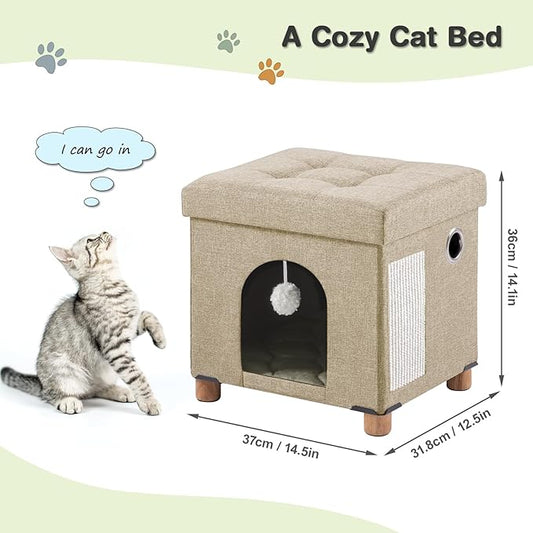 BRIAN & DANY Foldable Cat House, Cat Cave, Cat Cube with Scratch Board & Ball, 14.7" x 14.1” x 12.7”, Light Khaki