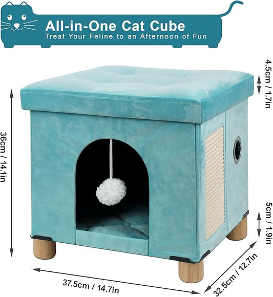 BRIAN & DANY Foldable Cat House, Cat Cave, Cat Cube with Scratch Board & Ball, 12.5" x 14.5” x 14.1”, Green