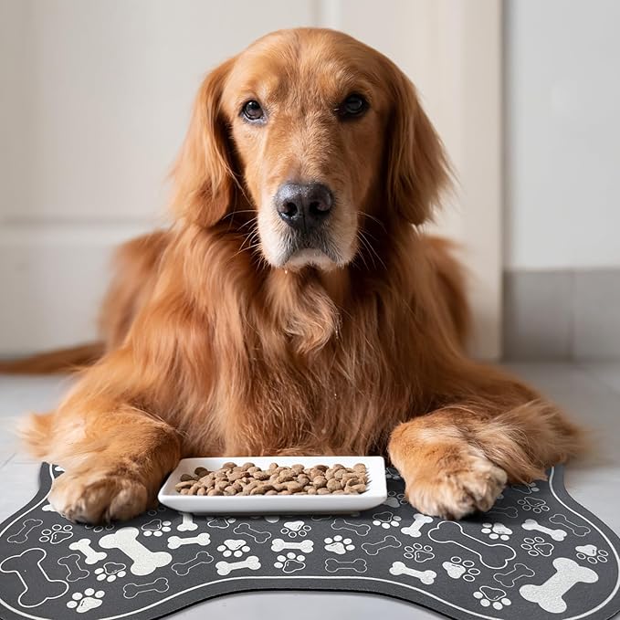 Dog & Cat Food Mat Bone Shaped Pet Feeding Mat Quick Absorb Water Bowl Placemat with Rubber Backing Indoor Floor Stain Resistant Pet Accessory Supplies (Dark Gray, 16x24 Inches)