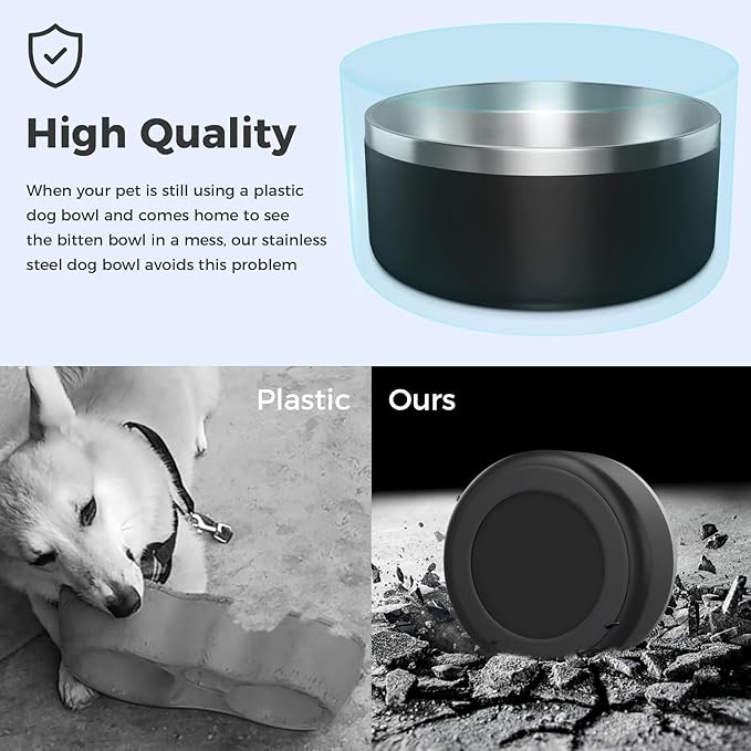Dog Bowl, Stainless Steel Dog Food and Water Bowl with Non Slip Quiet Bottom, Easy to Clean, Dishwasher Safe, 64oz, Black