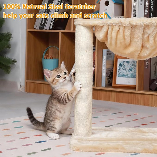 Cat Tree Tower with Hammock Bed and Scratching Post,Easy to Assemble,Plush Hammock, Durable Sisal Scratch Posts for Indoor Cats, White