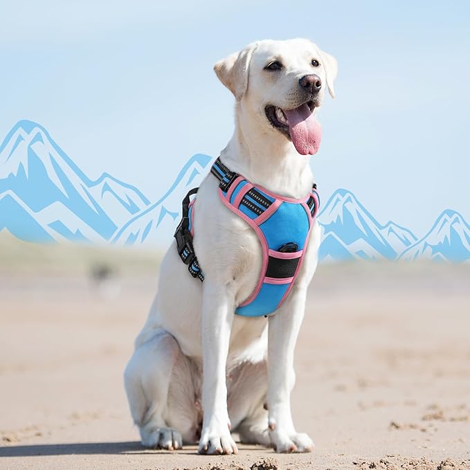 Eagloo Dog Harness for Large Dogs, No Pull Service Vest with Reflective Strips and Control Handle, Adjustable and Comfortable for Walking, No Choke Pet Harness with 2 Metal Rings, Pink & Blue, L