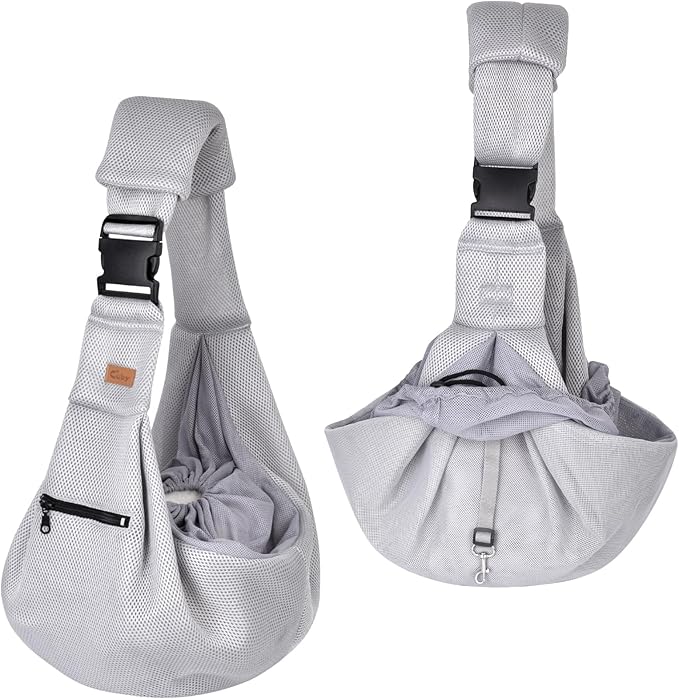 CUBY Dog and Cat Sling Carrier - Hands Free Breathable Mesh Small Dog Sling Carrier-Soft Pouch and Tote Design-Suitable for Puppy, Small Dog Cat Pets Carriers Sling Outdoor(Grey-Mesh,Adjust Strap 2.0)
