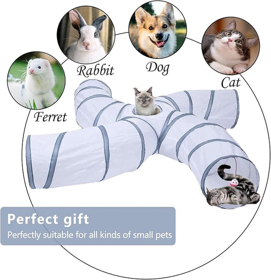 EGETOTA Cat Tunnel for Indoor Cats Large, with Play Ball S-Shape 4 Way Collapsible Interactive Peek Hole Pet Tube Toys, Puppy, Kitty, Kitten, Rabbit (S4 - White & Grey)