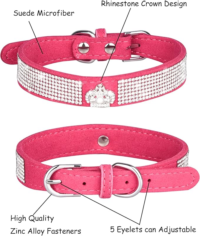 Bling Dog Collar for Small Medium Large Dogs, Crown Rhinestone Dog Collars for Girl and boy Dog, Diamond Puppy Collars, Adjustable Leather Suede SOFE Cat Collar (XS(8.2"-10.6"/21CM-27CM), Rose Red)