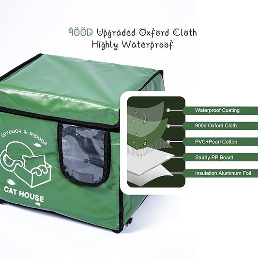 Indestructible Cat House Outdoor with Two-Sided Escape Door, Insulated and 100% Waterproof, Outside Weatherproof Feral Cat Shelter for Winter, Oxford Cloth Upgraded (Green, s)